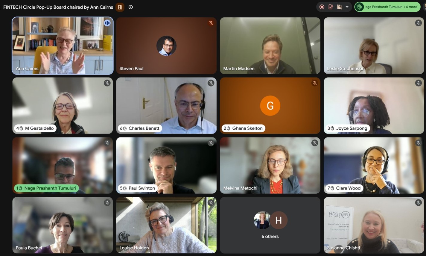 A live FINTECH Circle Pop-Up Board session on video call, chaired by Ann Cairns with board members and founders