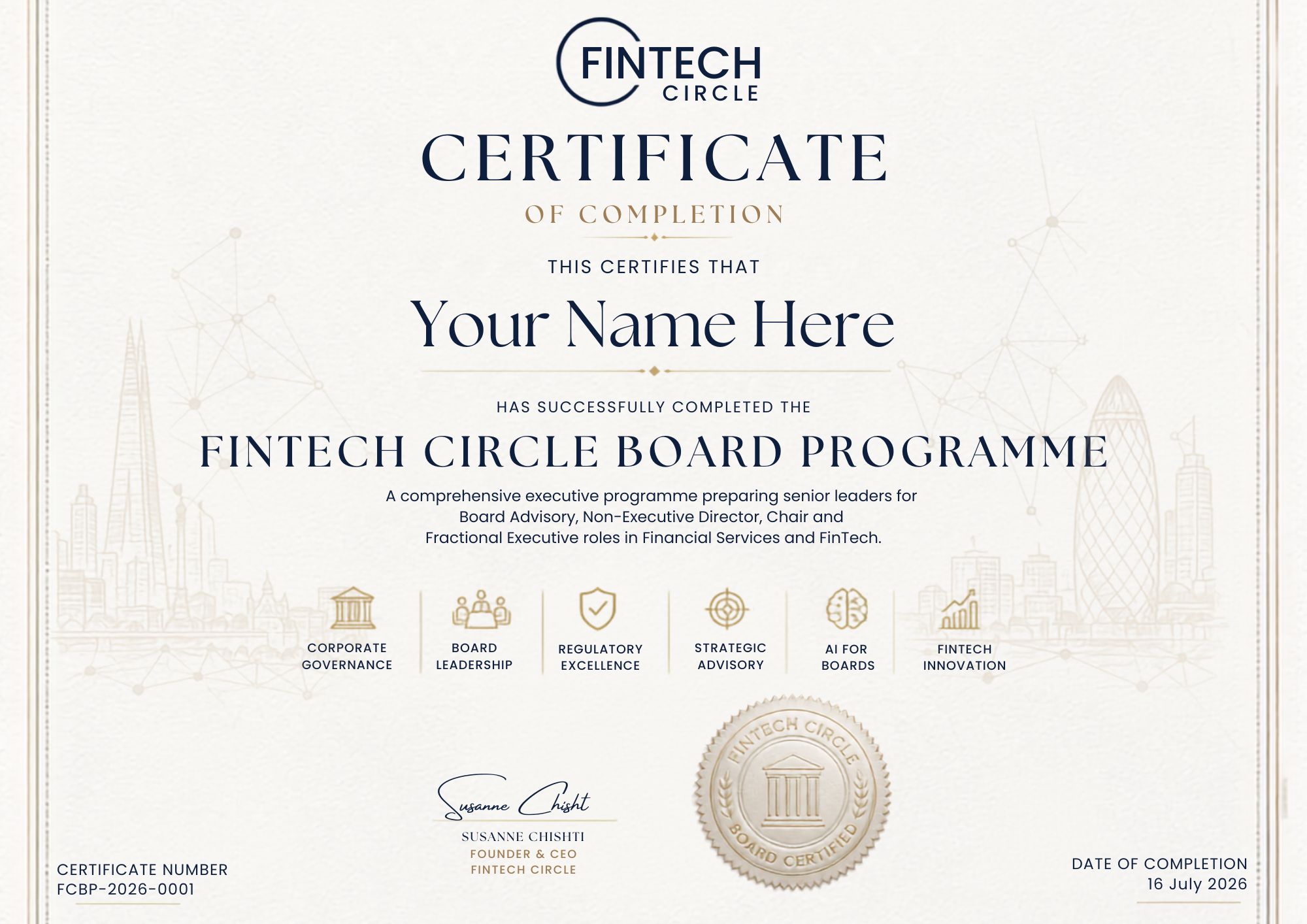 FINTECH Circle Board Programme Certificate of Completion, awarded to participants on successful completion of the course